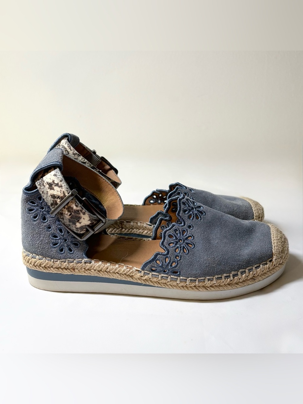 Crown Vintage Brixie Powder Blue Espadrille Leather Scalloped Embroider Size 7 - Picture 7 of 14